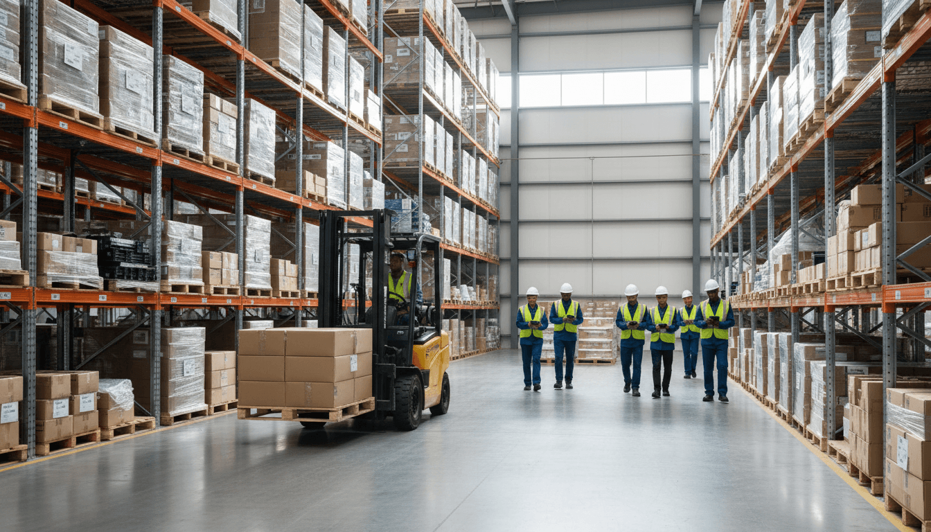 Organized warehouse aisle with pallet racking and forklift