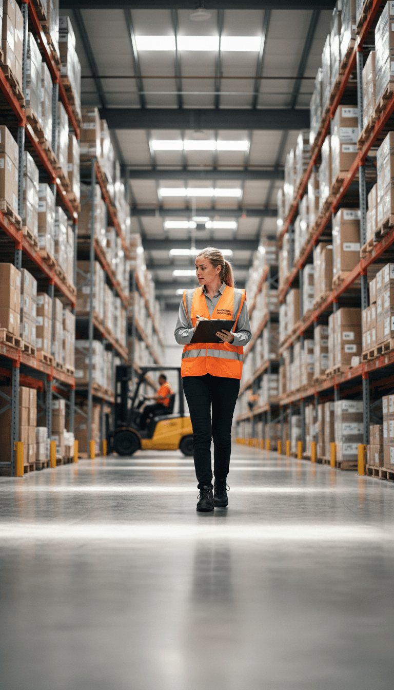 Warehouse consultant assessing organized storage racks