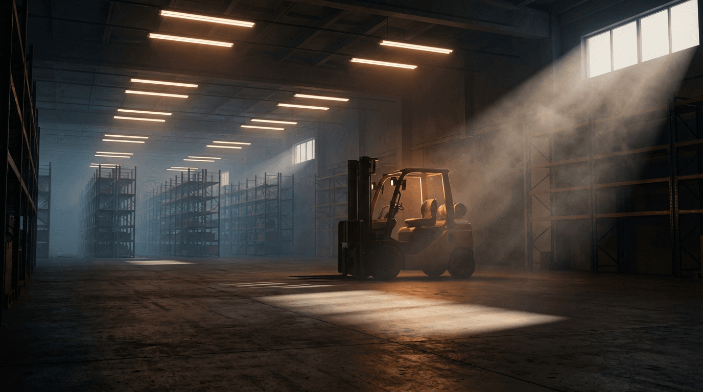 Warehouse aisle with organized pallet shelving