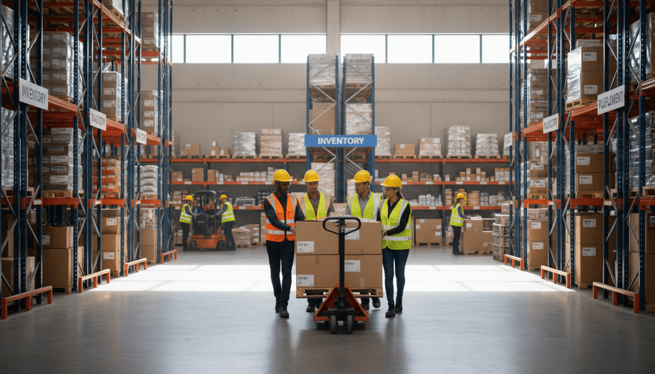 Forklift moving pallet at warehouse loading dock