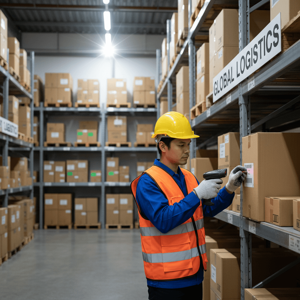 Worker placing a box on a high warehouse shelf
