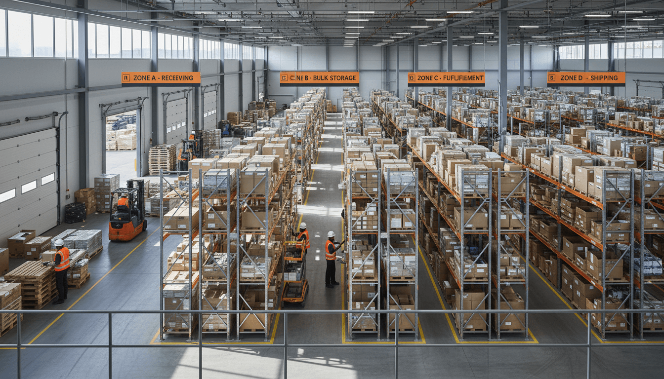 Warehouse manager reviewing notes in a tidy facility aisle